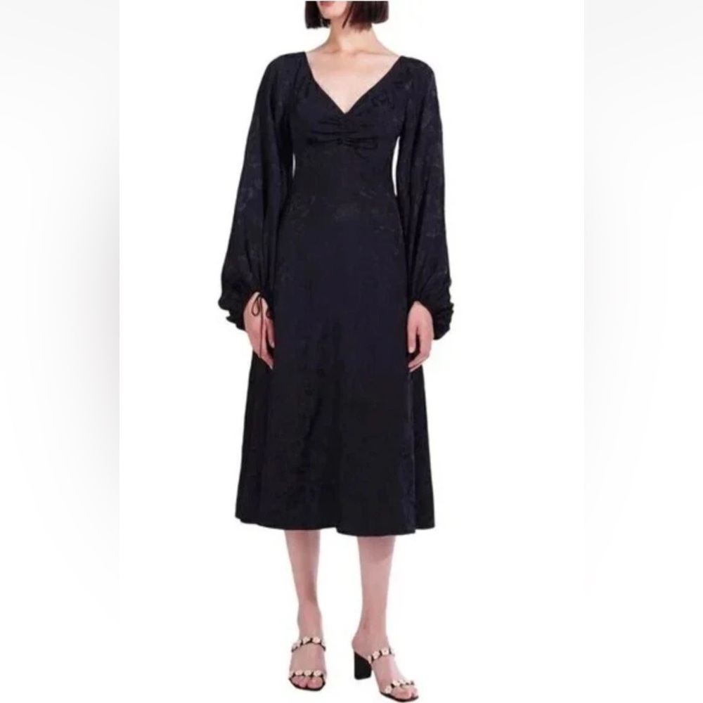 STAUD Black Floral Jacquard Midi‎ Sofia Dress Ruched Bust, Sz 4